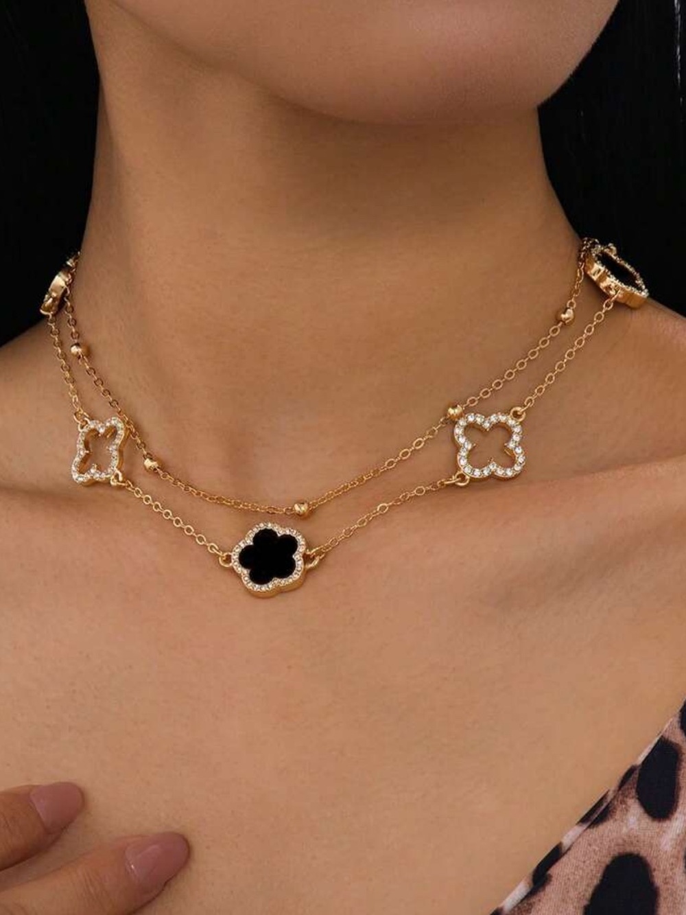 Macy's Gold Layered Necklace with Black and Clear Clover Charms